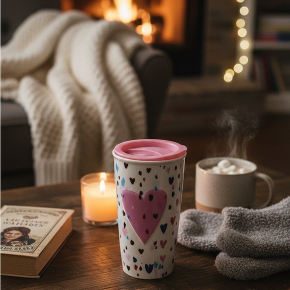 Starbucks Other - 𝅺starbucks Pink Lid Hearts Ceramic 10 oz Hot Drink Tumbler